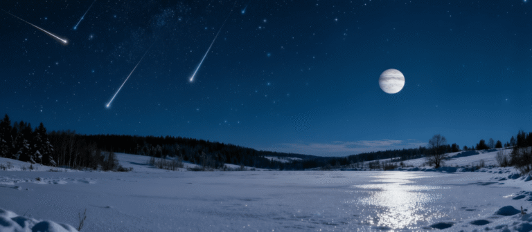 Künstlerische Darstellung: Sternhimmel mit Jupiter und Sternschnuppen