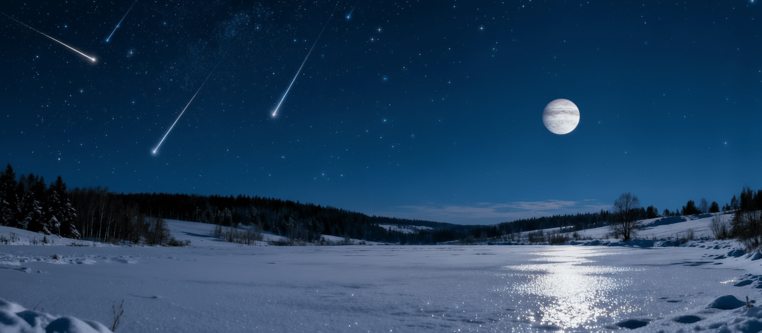 Künstlerische Darstellung: Sternhimmel mit Jupiter und Sternschnuppen